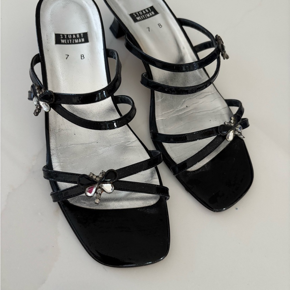 Stuart Weitzman Black Strappy Heels with Bow Accents